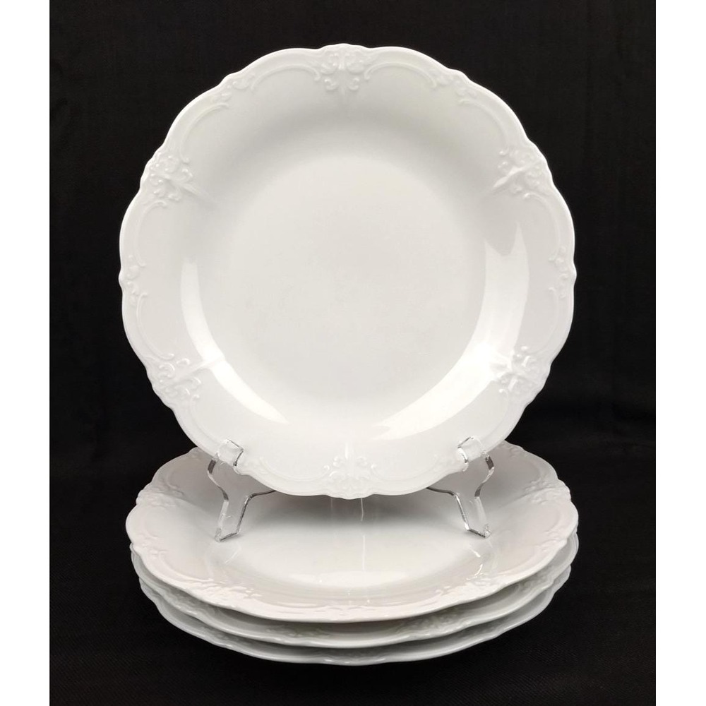 Tirschenreuth Baronesse White Porcelain Dinner Plates Embossed Scroll Set of 4